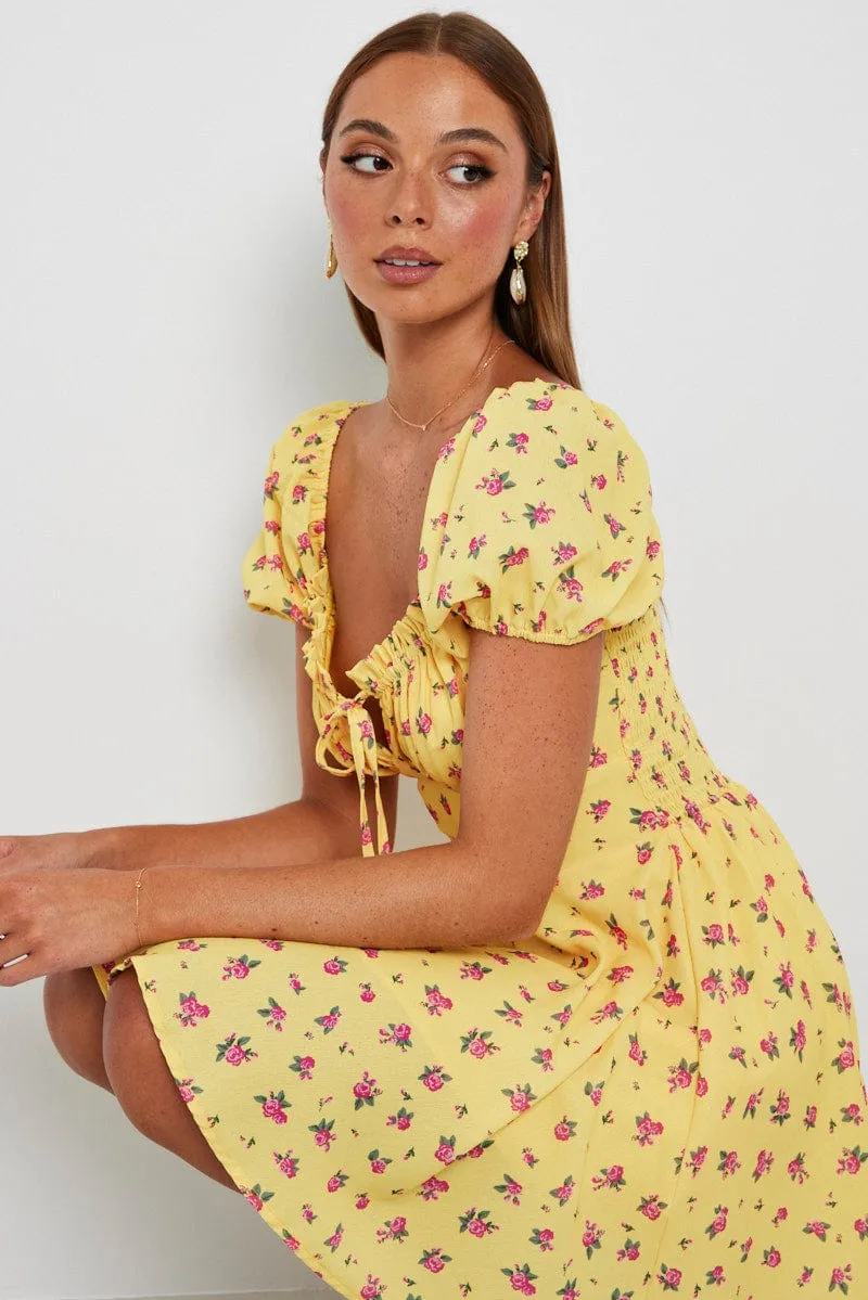 Yellow Floral Fit And Flare Dress Puff Sleeve Mini sold by Ally Fashion