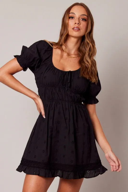 Black Fit And Flare Dress Puff Sleeve sold by Ally Fashion