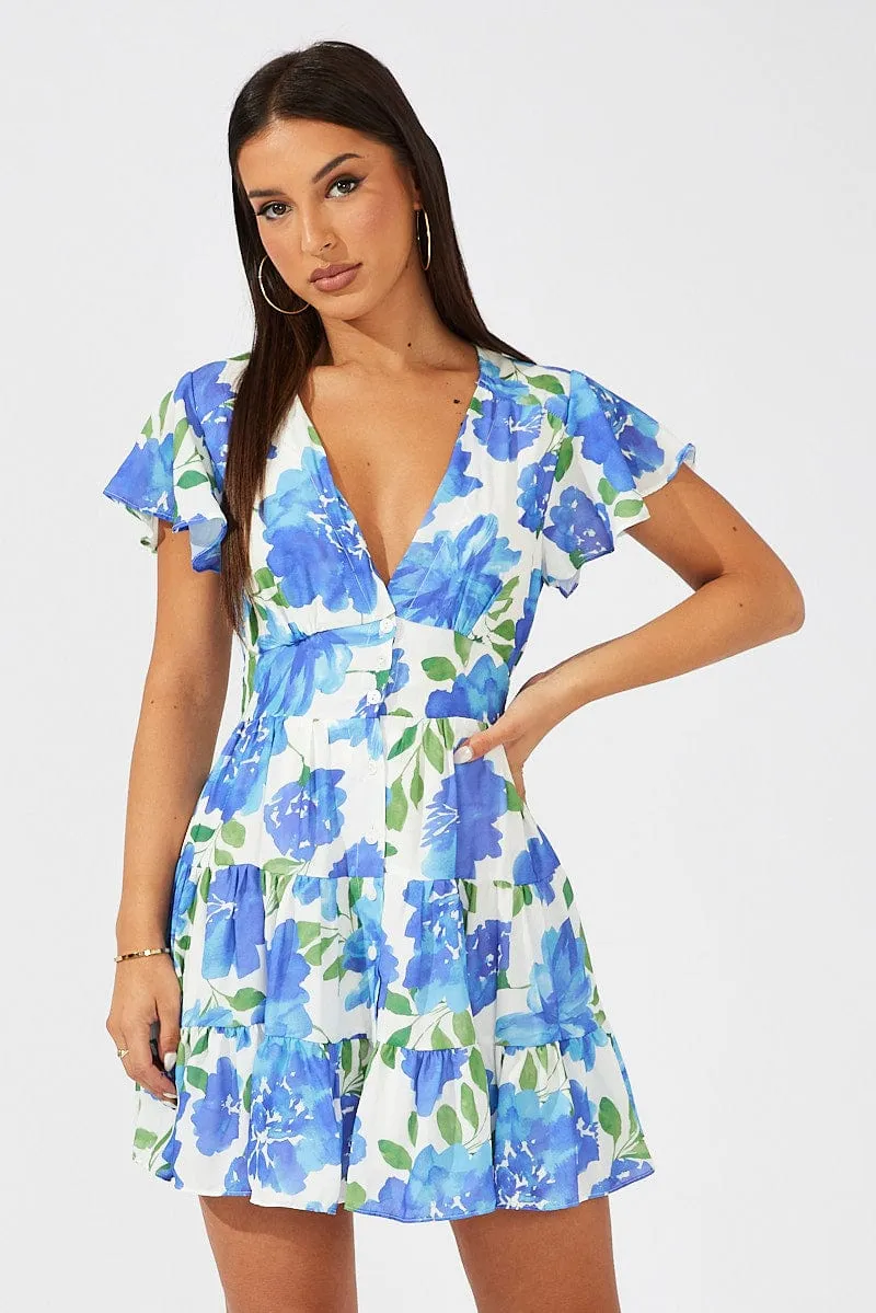 Multi Floral Fit And Flare Dress V-neck Mini sold by Ally Fashion