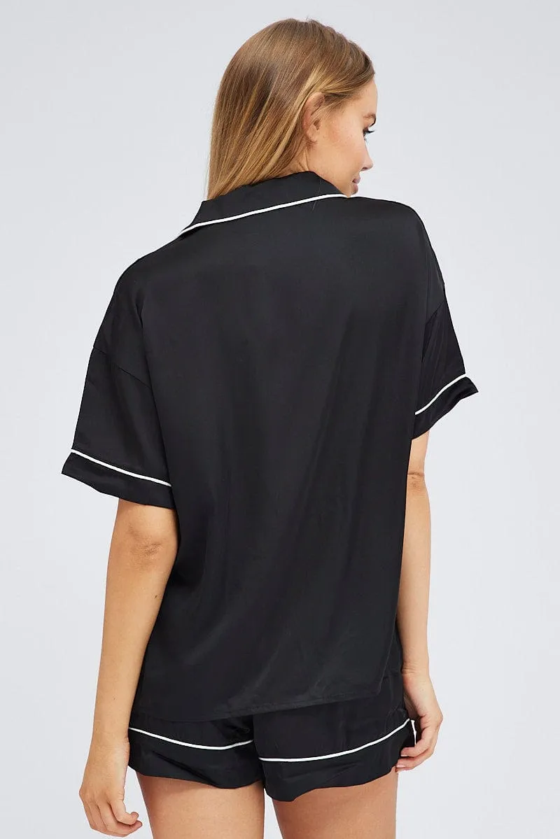 Black Satin PJ Contrast Piping Button Through Pyjama Set sold by Ally Fashion product image thumbnail 5