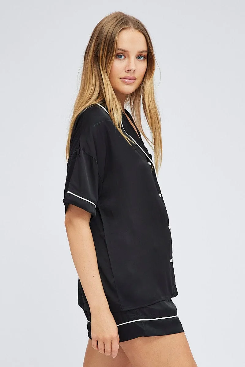 Black Satin PJ Contrast Piping Button Through Pyjama Set sold by Ally Fashion product image thumbnail 4