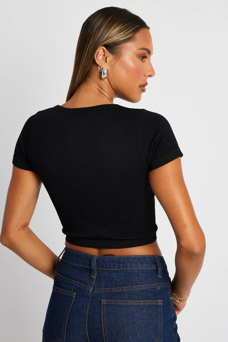 Black Crop T Shirt Short Sleeve V Neck Seamless sold by Ally Fashion product image thumbnail 5