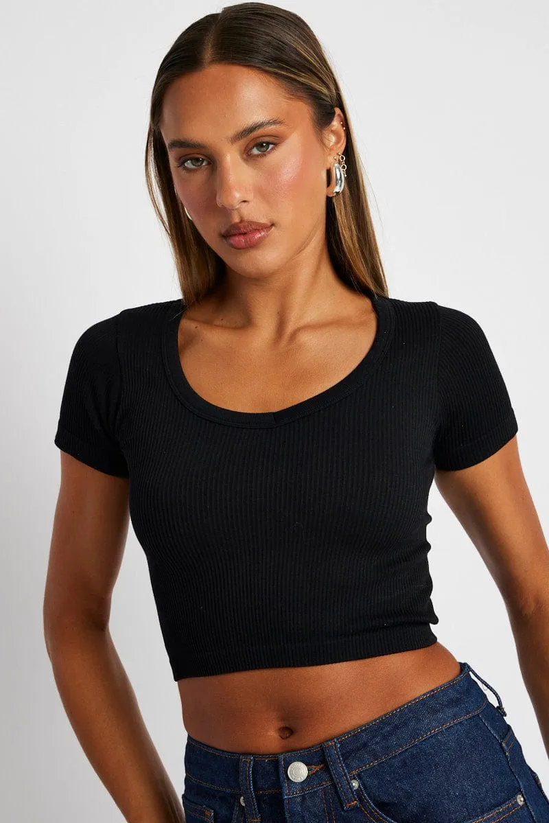 Black Crop T Shirt Short Sleeve V Neck Seamless sold by Ally Fashion product image thumbnail 3