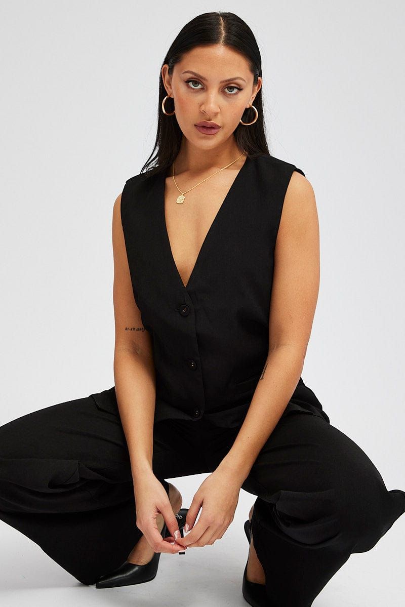 Black Vest Top Sleeveless V Neck Longline Relaxed Fit sold by Ally Fashion