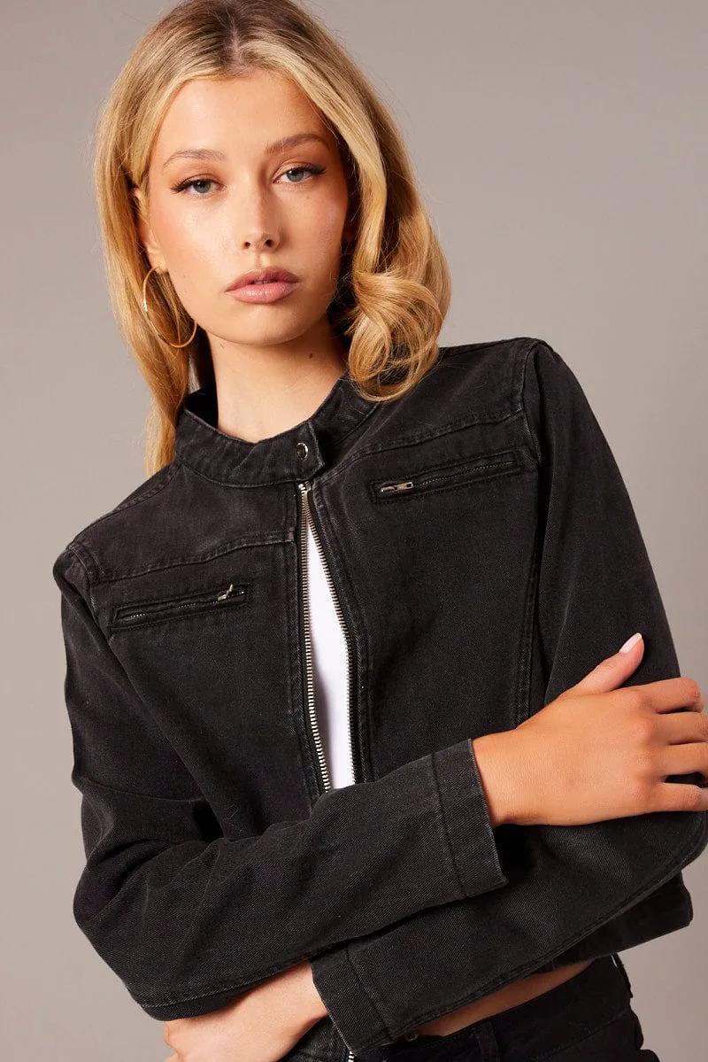 Black Denim Jacket Long Sleeve sold by Ally Fashion product image thumbnail 3