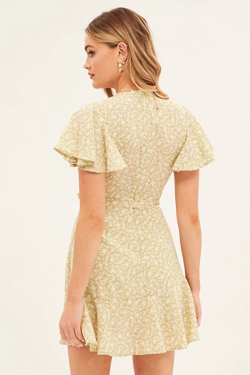 Green Floral Wrap Dress Short Sleeve Mini Fit And Flare sold by Ally Fashion product image thumbnail 5