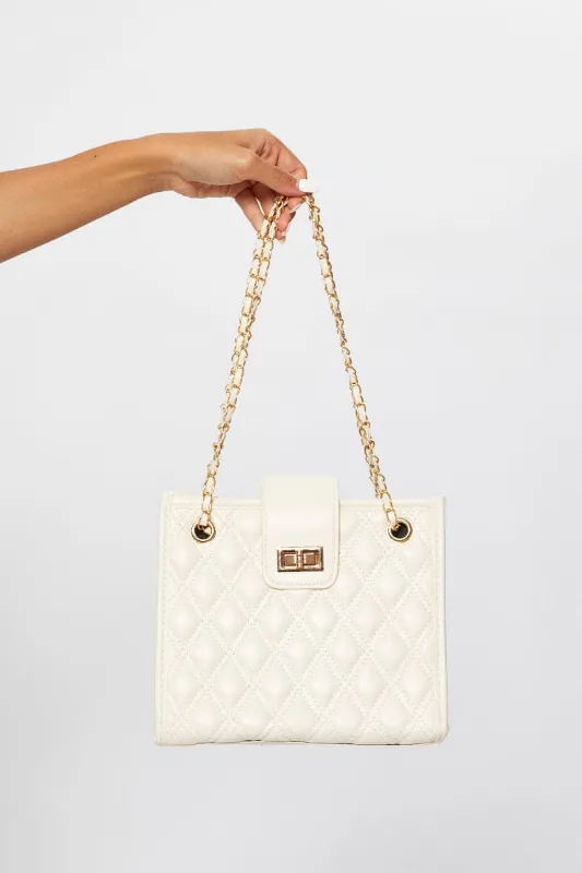 WHITE Quilted Chain Handle Tote Bag sold by Ally Fashion
