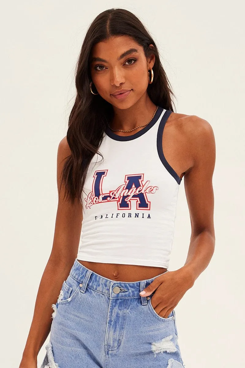 White Graphic Tank La Sleeveless Contrast Bind Crop sold by Ally Fashion