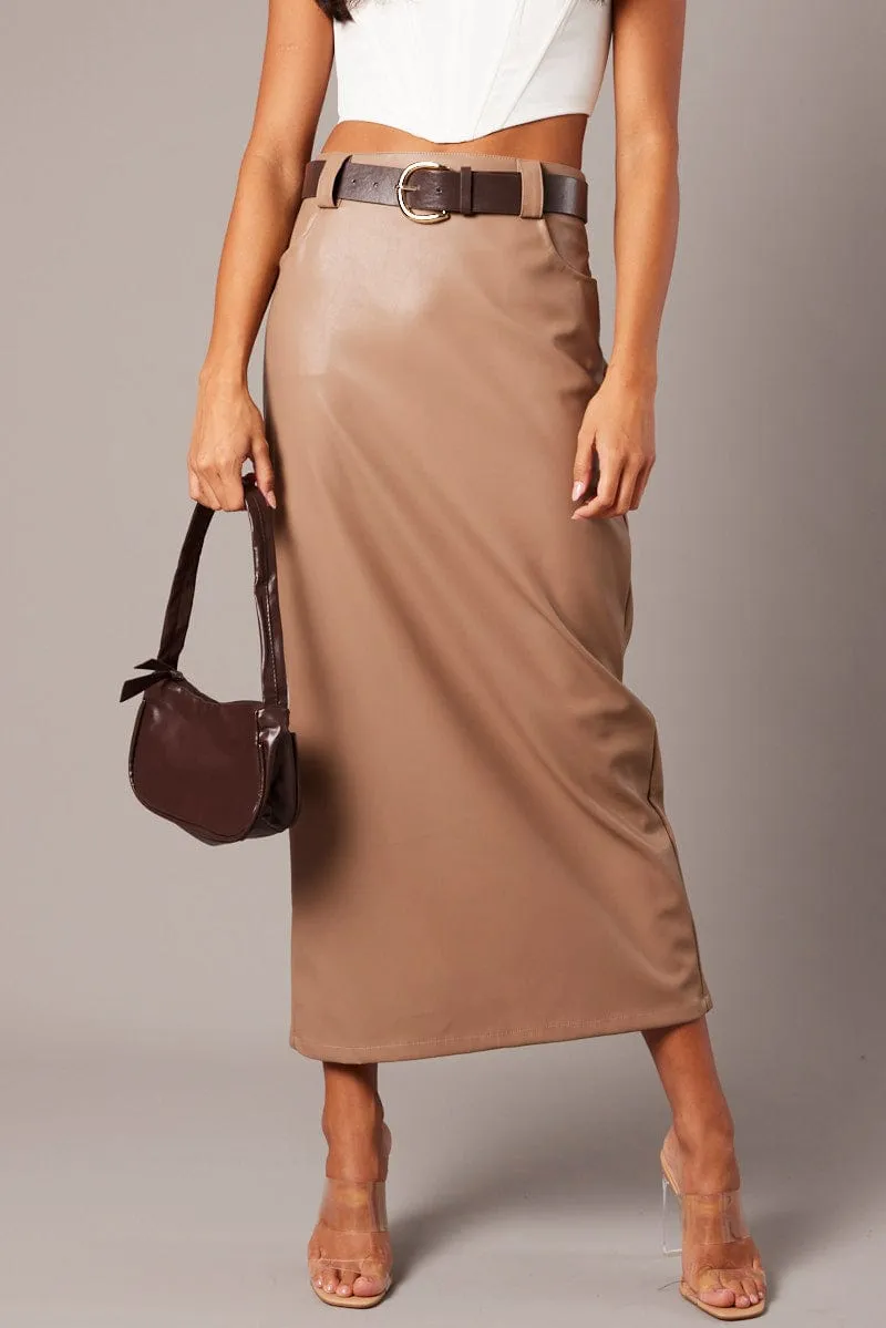 Brown Midi Skirt Faux Leather sold by Ally Fashion