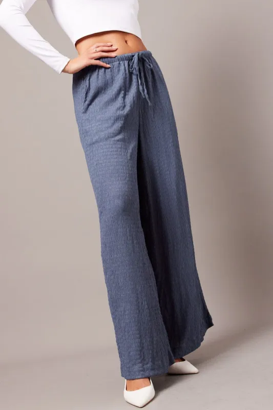 Blue Wide Leg Pants High Rise Textured Fabric sold by Ally Fashion