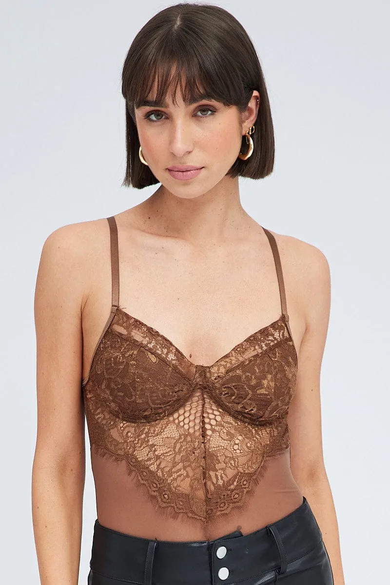 Brown Lace One Piece Bodysuit sold by Ally Fashion