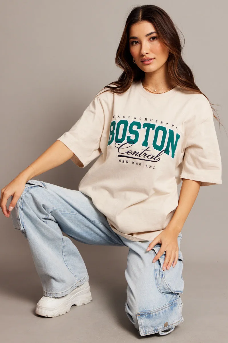 Beige Graphic Tee Short Sleeve Oversized sold by Ally Fashion