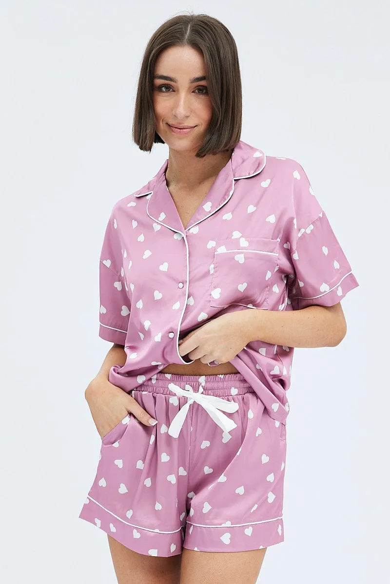 Pink Polka Dot Pink Satin Hearts Contrast Piping Pyjama Set sold by Ally Fashion
