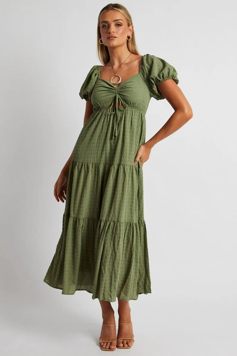 Green Midi Dress Puff Sleeve Ruch Front sold by Ally Fashion
