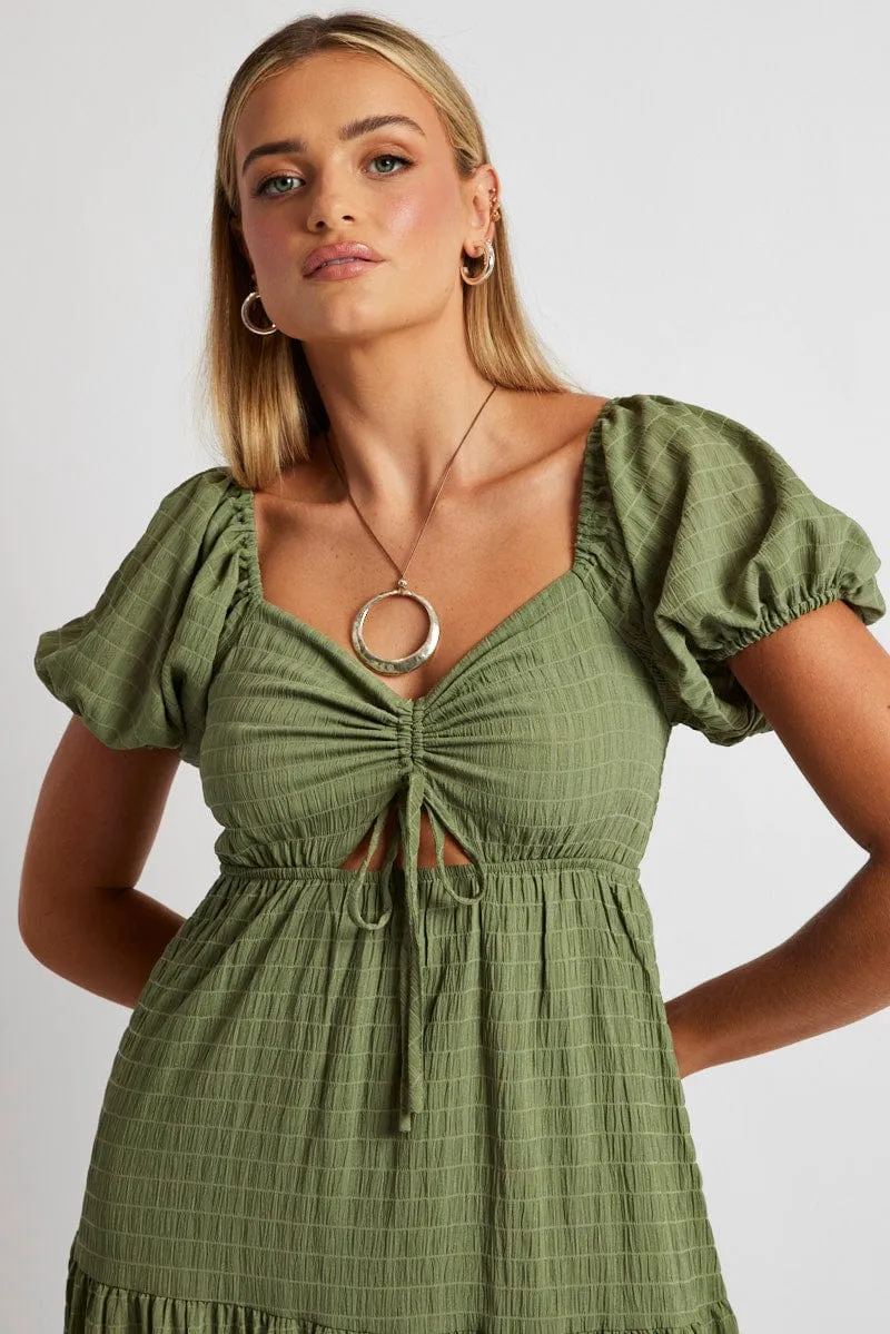 Green Midi Dress Puff Sleeve Ruch Front sold by Ally Fashion product image thumbnail 2