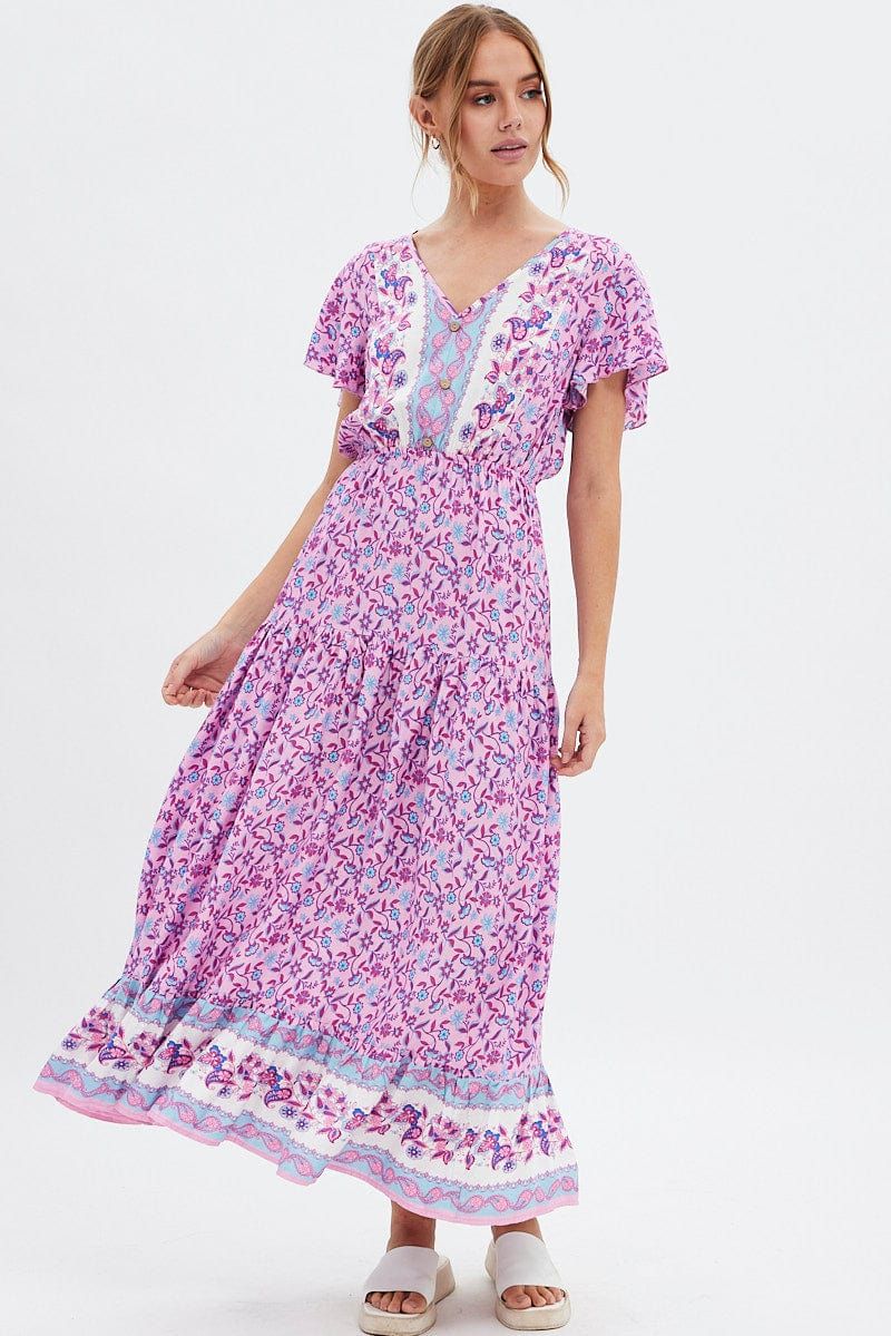 Pink Boho Bell Sleeve Midi Dress sold by Ally Fashion