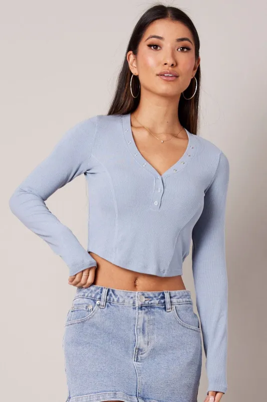 Blue V Neck Top Long Sleeve Button Front sold by Ally Fashion