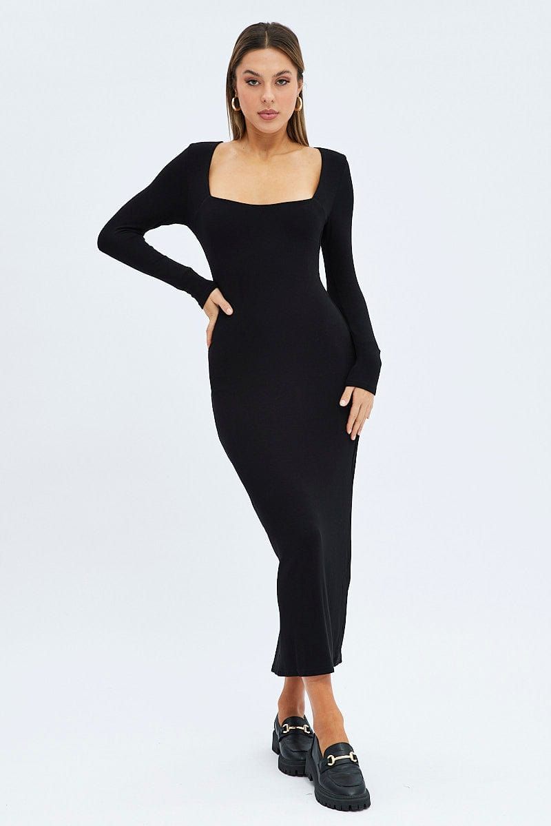 Black Midi Dress Long Sleeve Bodycon Ribbed sold by Ally Fashion