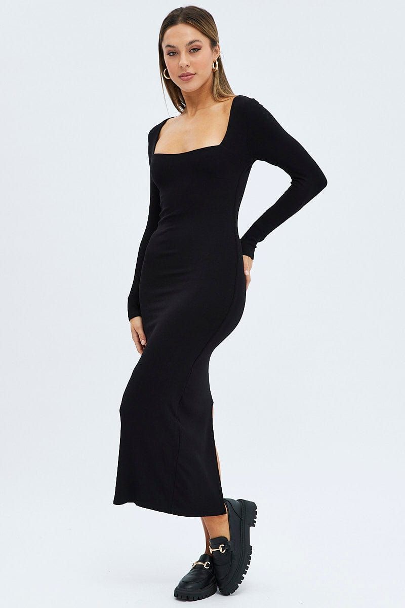 Black Midi Dress Long Sleeve Bodycon Ribbed sold by Ally Fashion product image thumbnail 3
