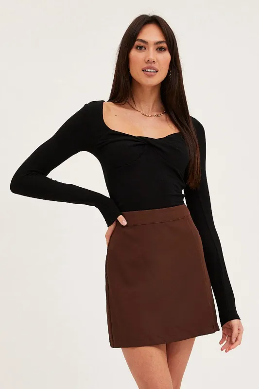 Brown Mini Skirt High Rise Front Split sold by Ally Fashion