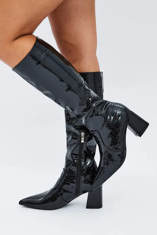 Black Knee High Boots in Patent Faux Croc sold by Ally Fashion