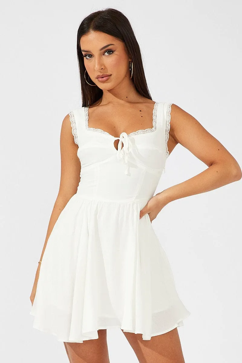 White Fit and Flare Dress Sleeveless Lace Trim sold by Ally Fashion