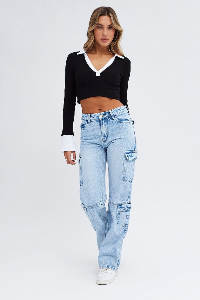 Black Crop Top Contrast Collar And Sleeve Cuff sold by Ally Fashion product image thumbnail 2