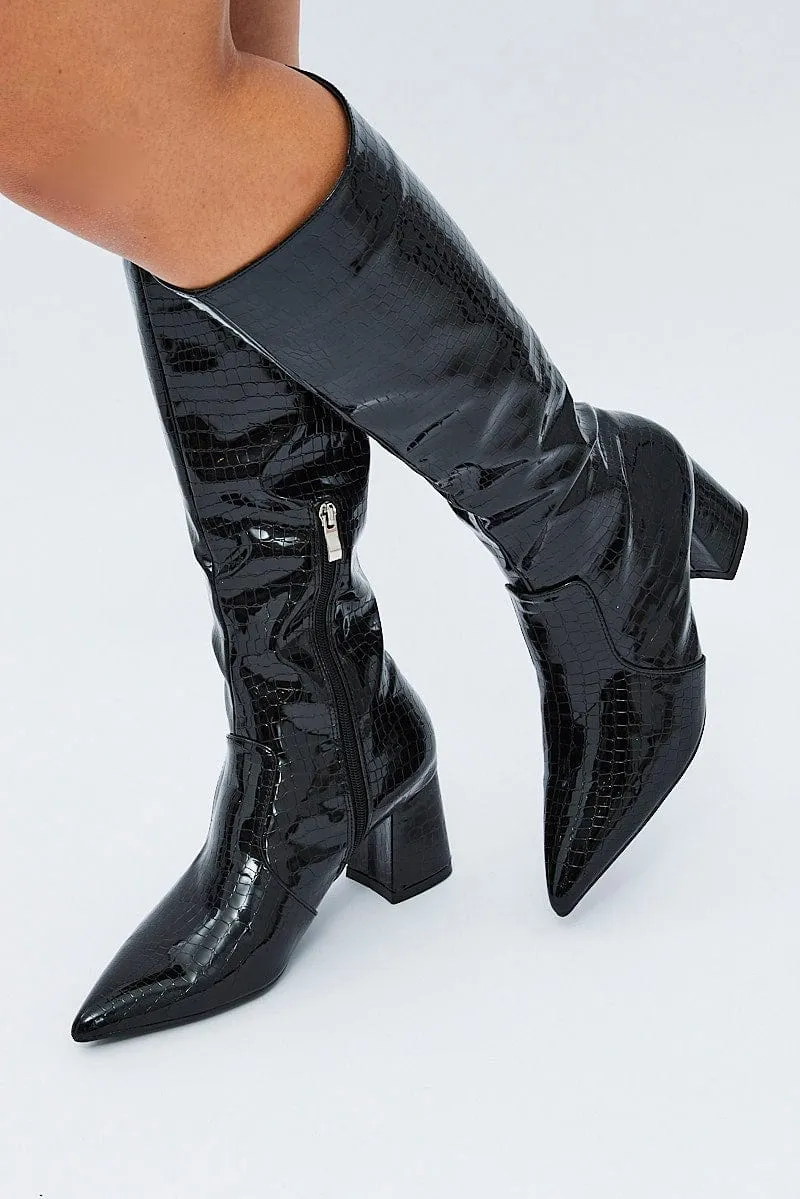 Black Knee High Boots in Patent Faux Croc sold by Ally Fashion product image thumbnail 2