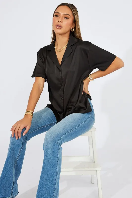 Black Satin Shirt Short Sleeve sold by Ally Fashion