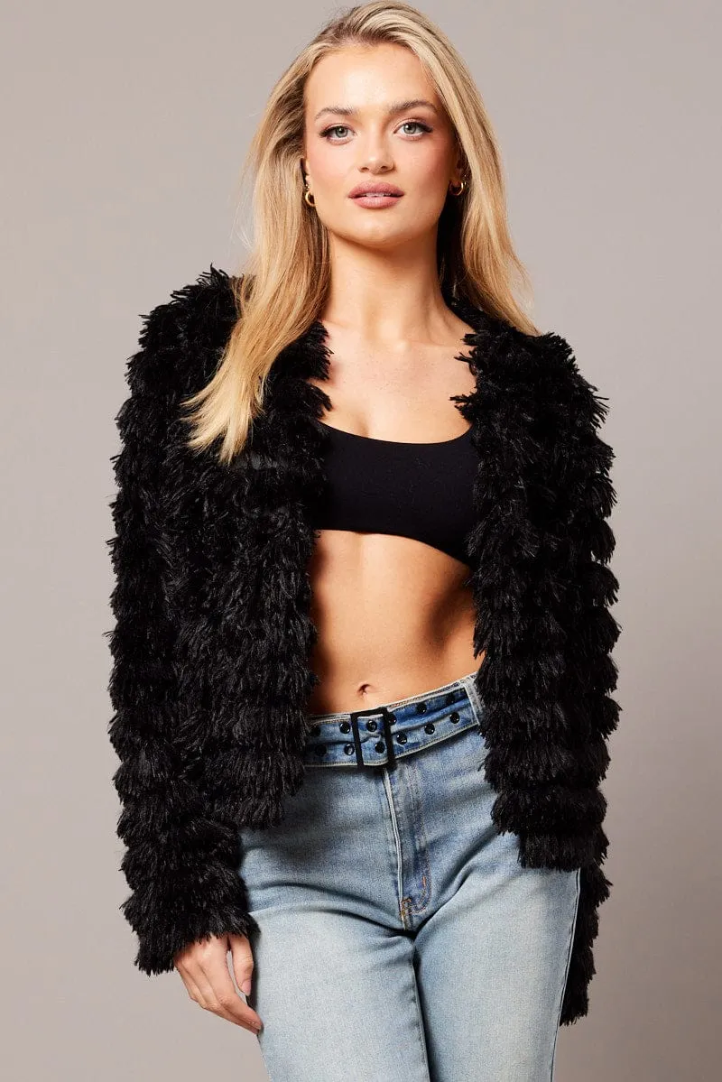 Black Shag Faux Fur Jacket sold by Ally Fashion
