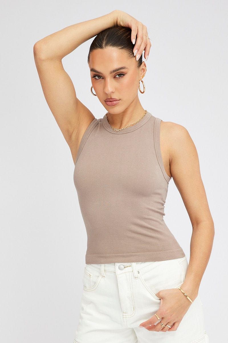 Brown Tank Top Crew Neck Seamless sold by Ally Fashion