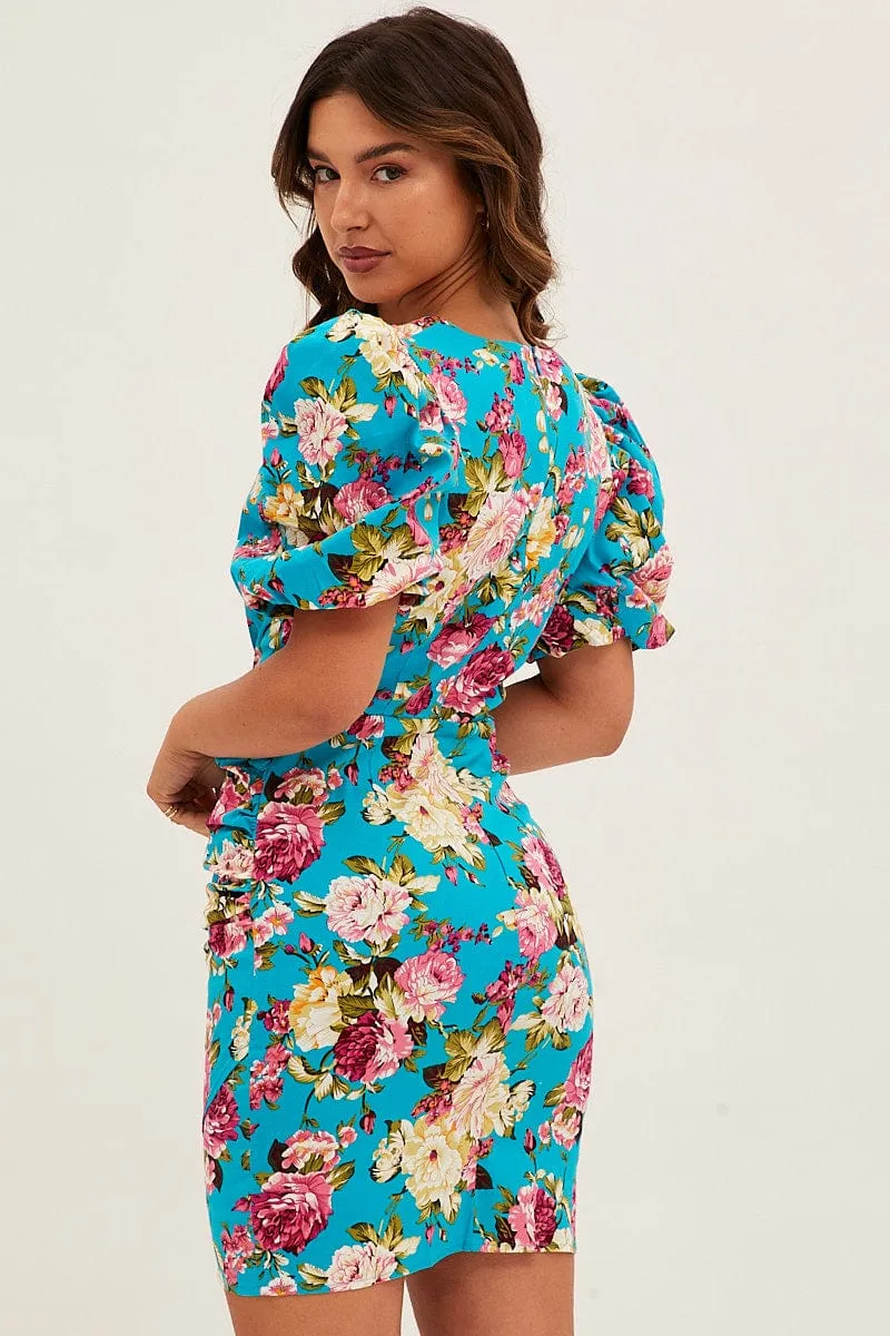 Green Floral Mini Dress Puff Sleeve V-Neck sold by Ally Fashion product image thumbnail 5