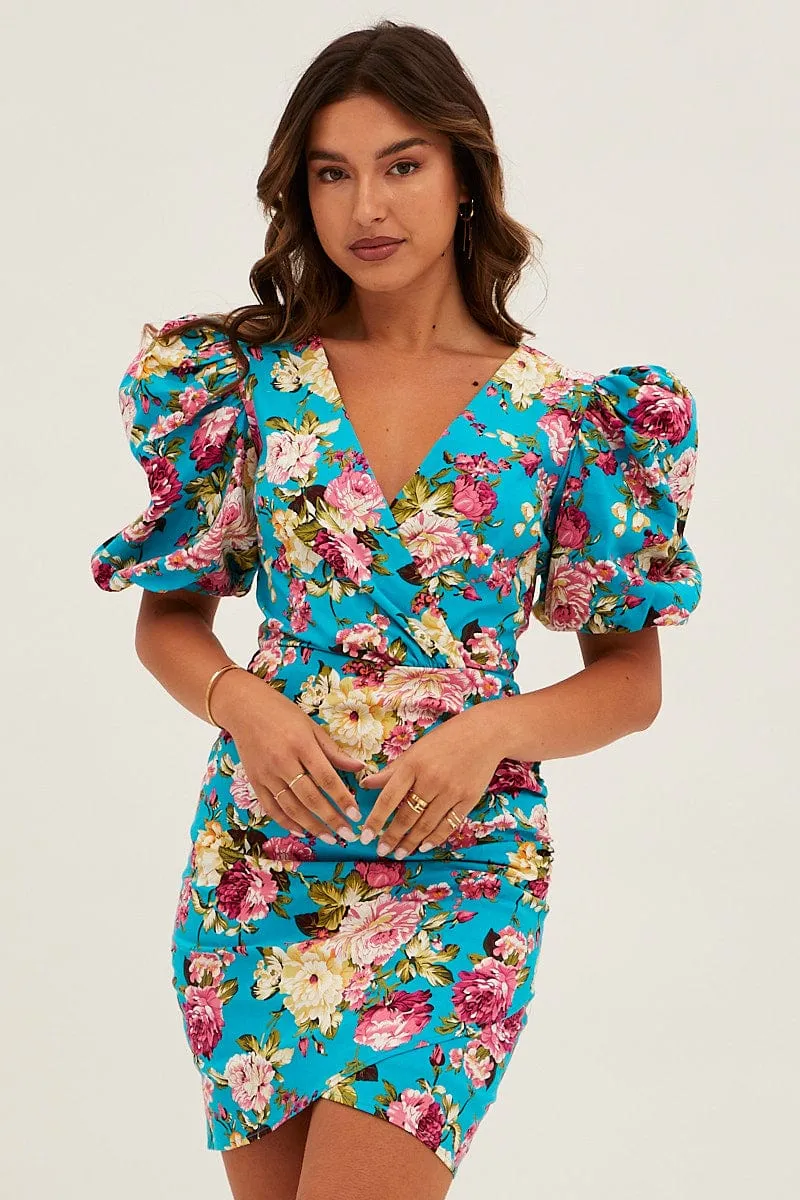 Green Floral Mini Dress Puff Sleeve V-Neck sold by Ally Fashion product image thumbnail 3