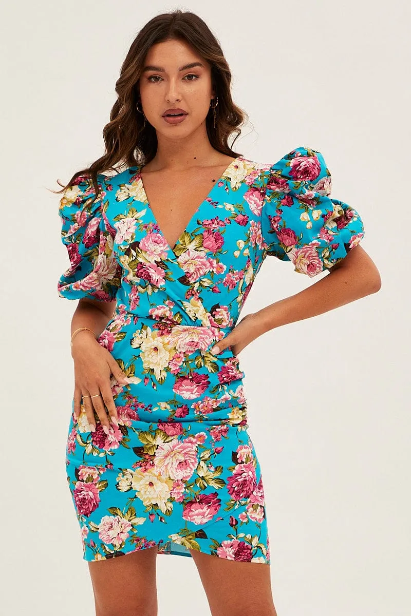 Green Floral Mini Dress Puff Sleeve V-Neck sold by Ally Fashion