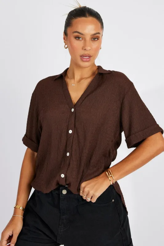 Brown Textured Shirt Short Sleeve sold by Ally Fashion