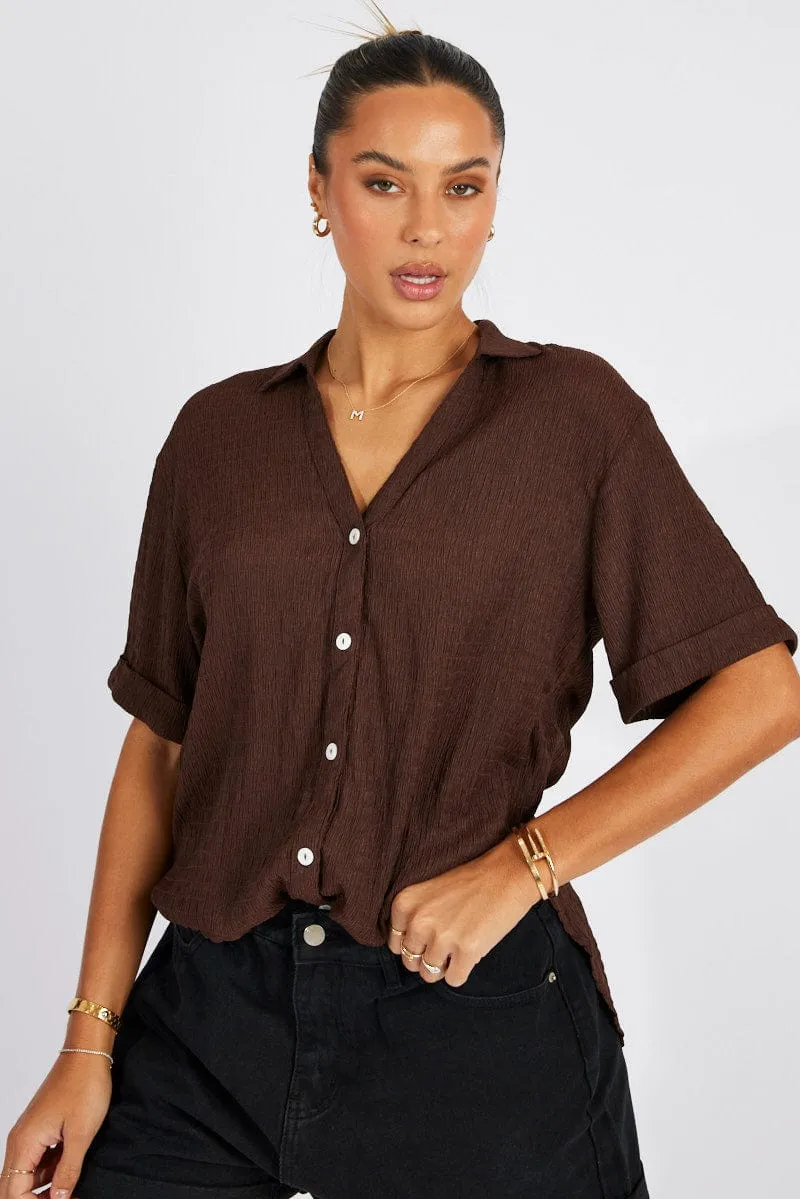 Brown Textured Shirt Short Sleeve sold by Ally Fashion