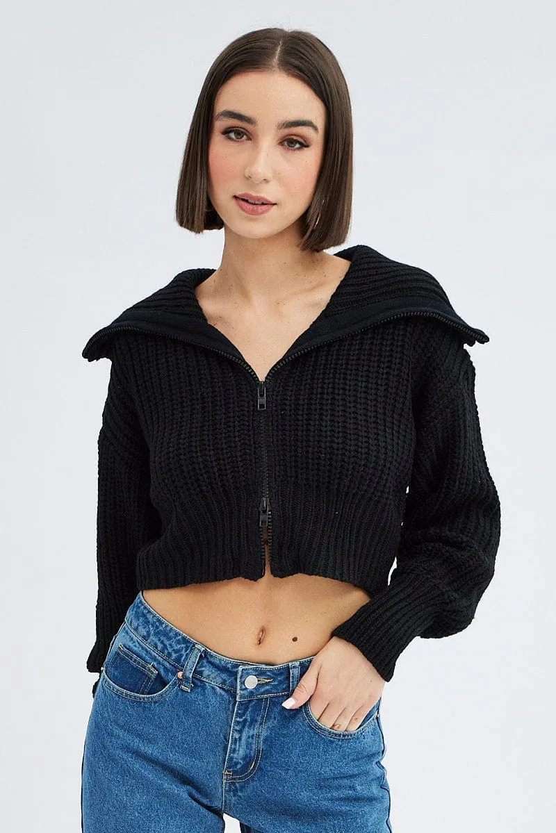 Black Zip up Crop Cardigan sold by Ally Fashion