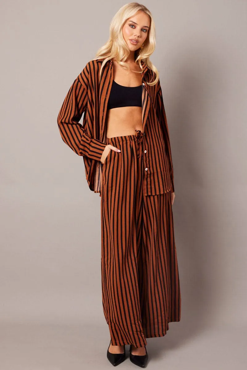Brown Stripe Wide Leg Pants High Rise sold by Ally Fashion product image thumbnail 2