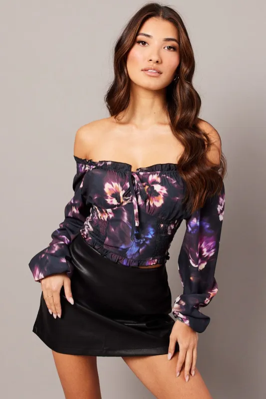Black Floral Crop Top Long Sleeve Shirred Waist sold by Ally Fashion
