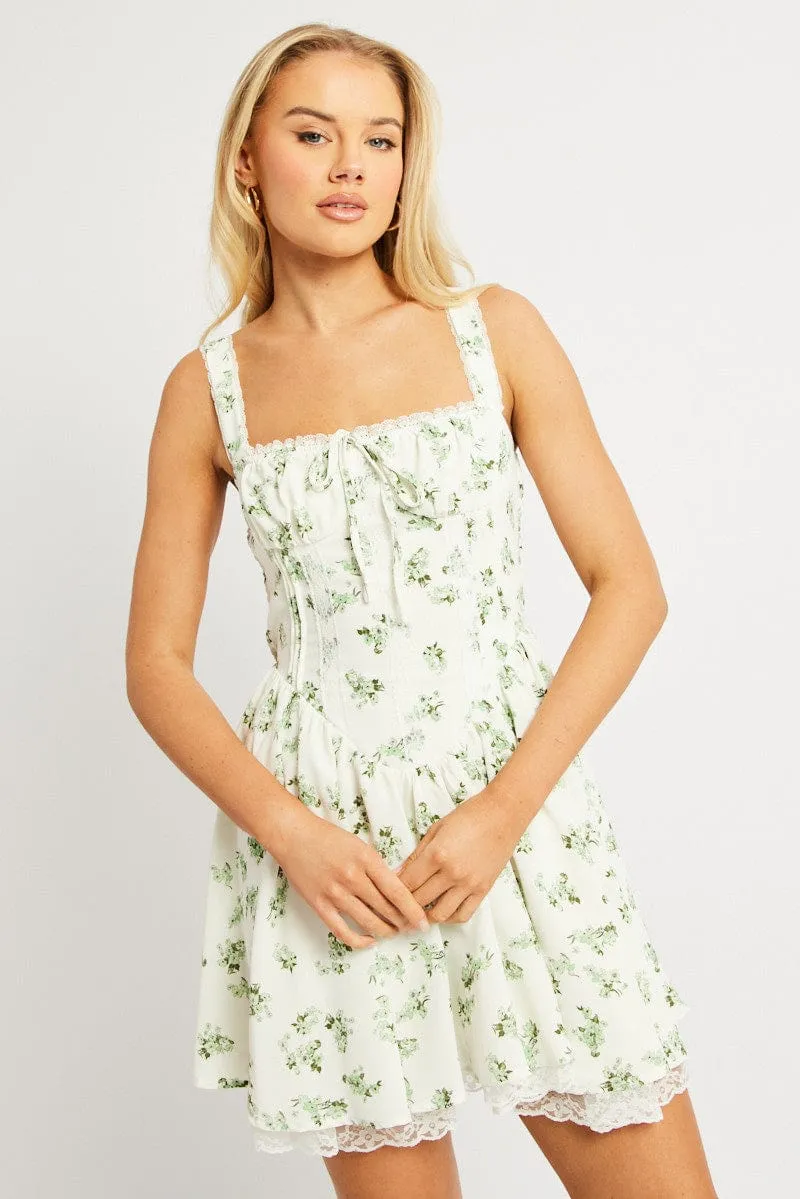 Green Floral Fit And Flare Dress Corset Detail Mini sold by Ally Fashion product image thumbnail 3