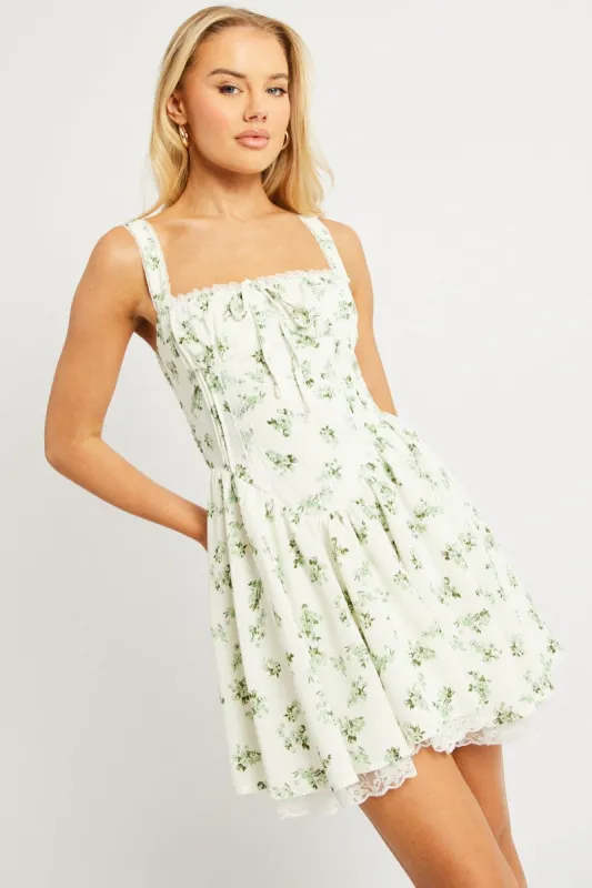 Green Floral Fit And Flare Dress Corset Detail Mini sold by Ally Fashion