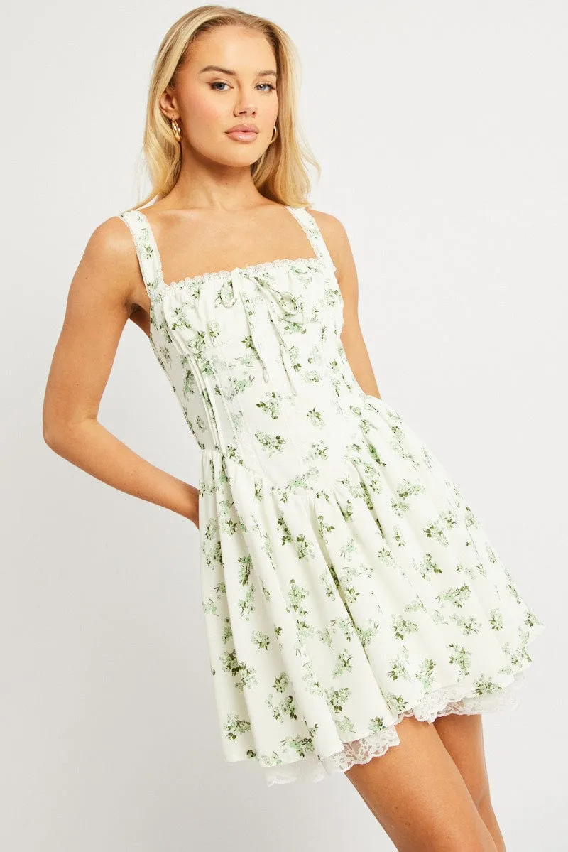 Green Floral Fit And Flare Dress Corset Detail Mini sold by Ally Fashion