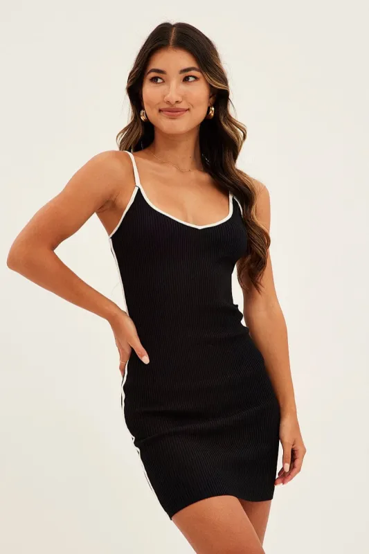 Black Mini Dress Sleeveless V Neck Knit Contrast Bind sold by Ally Fashion