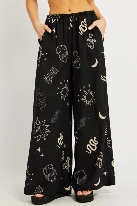 Black Abstract Wide Leg Pants High Rise sold by Ally Fashion