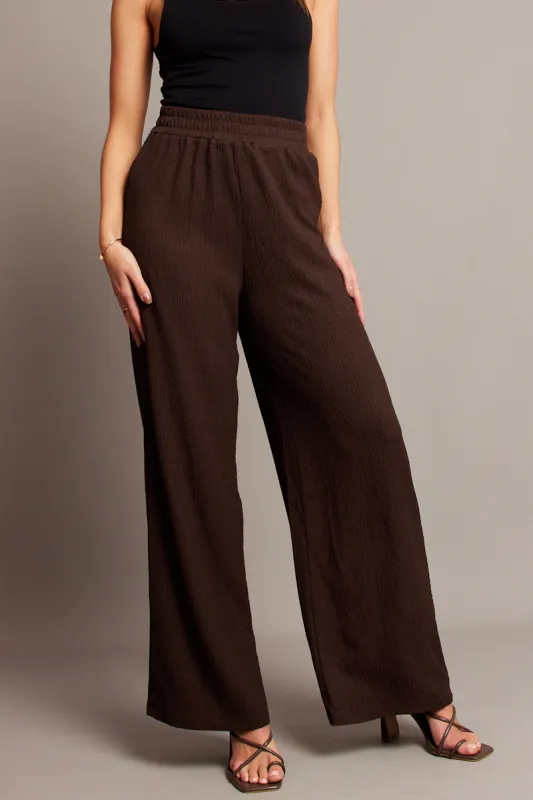 Brown Wide Leg Pants High Rise Textured Fabric sold by Ally Fashion