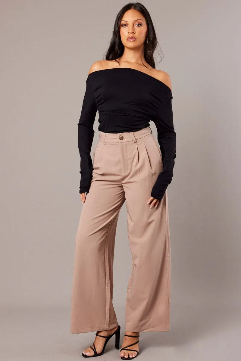 Beige Wide Leg Pants Mid Rise sold by Ally Fashion product image thumbnail 2