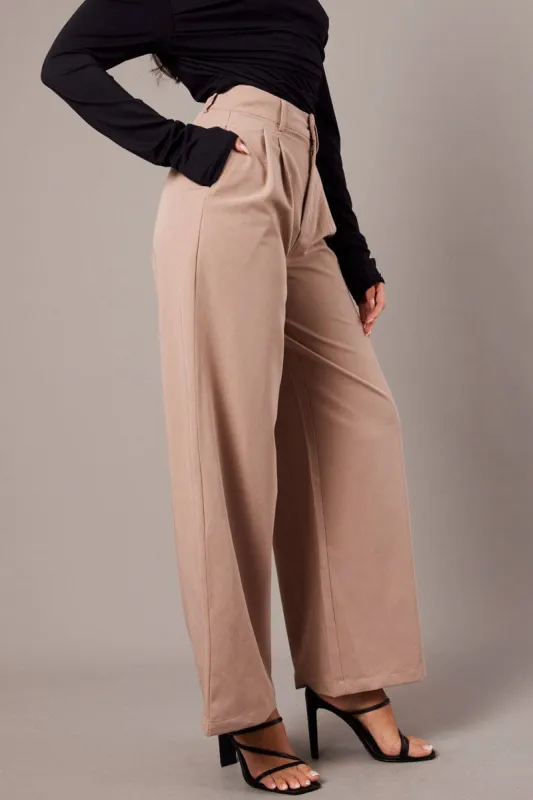 Beige Wide Leg Pants Mid Rise sold by Ally Fashion