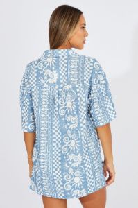 Blue Abstract Linen Shirt Short Sleeve sold by Ally Fashion