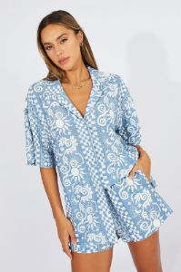 Blue Abstract Linen Shirt Short Sleeve sold by Ally Fashion