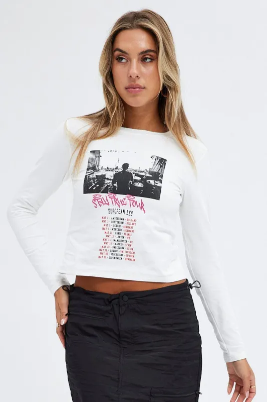 White Top Long Sleeve Crew Neck Semi-Crop Tour Graphic sold by Ally Fashion